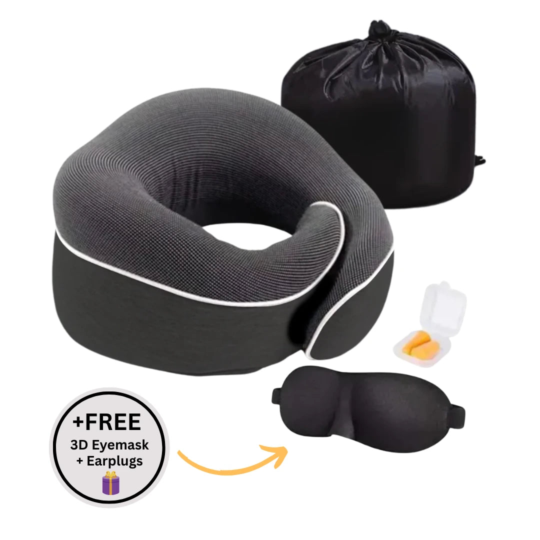 Travel pillow with free 3D eyemask and earplugs on a white background